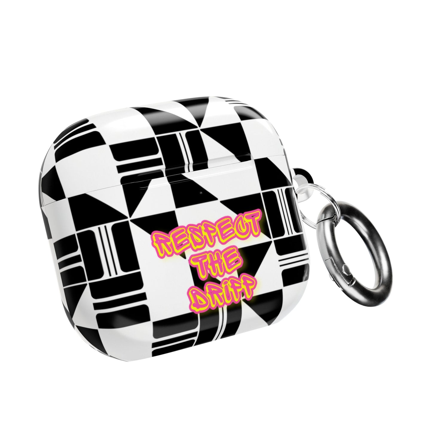 AirPod Case — Black & White Geometric Pattern with "Respect The Dripp" Neon Text