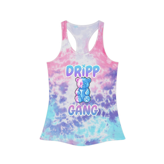 Tie-Dye "Dripp Gang" Racerback Tank Top — Pastel Teddy Graphic Summer Tank