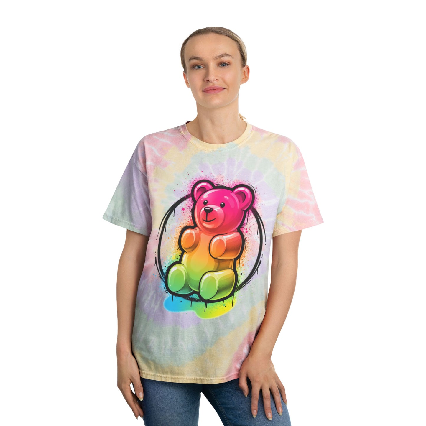 Tie-Dye T-Shirt with Rainbow Gummy Bear Spiral — Pastel Spiral Tee