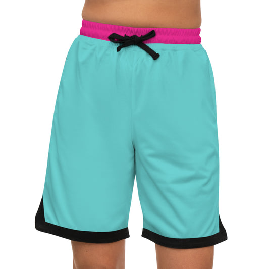 Basketball Shorts — Teal AOP with Pink Rib & Black Trim