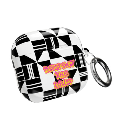 AirPod Case — Black & White Geometric Pattern with "Respect The Dripp" Neon Text