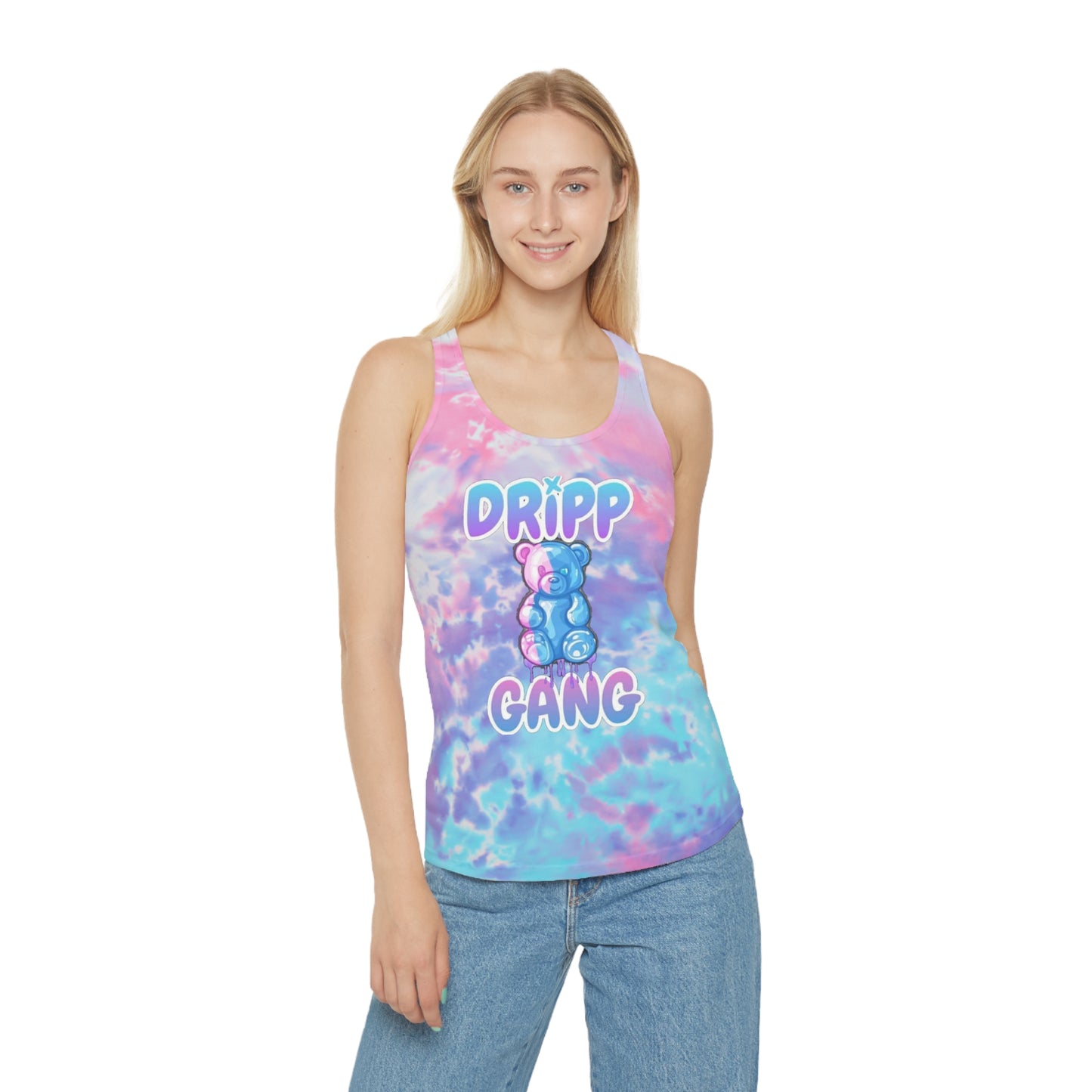 Tie-Dye "Dripp Gang" Racerback Tank Top — Pastel Teddy Graphic Summer Tank