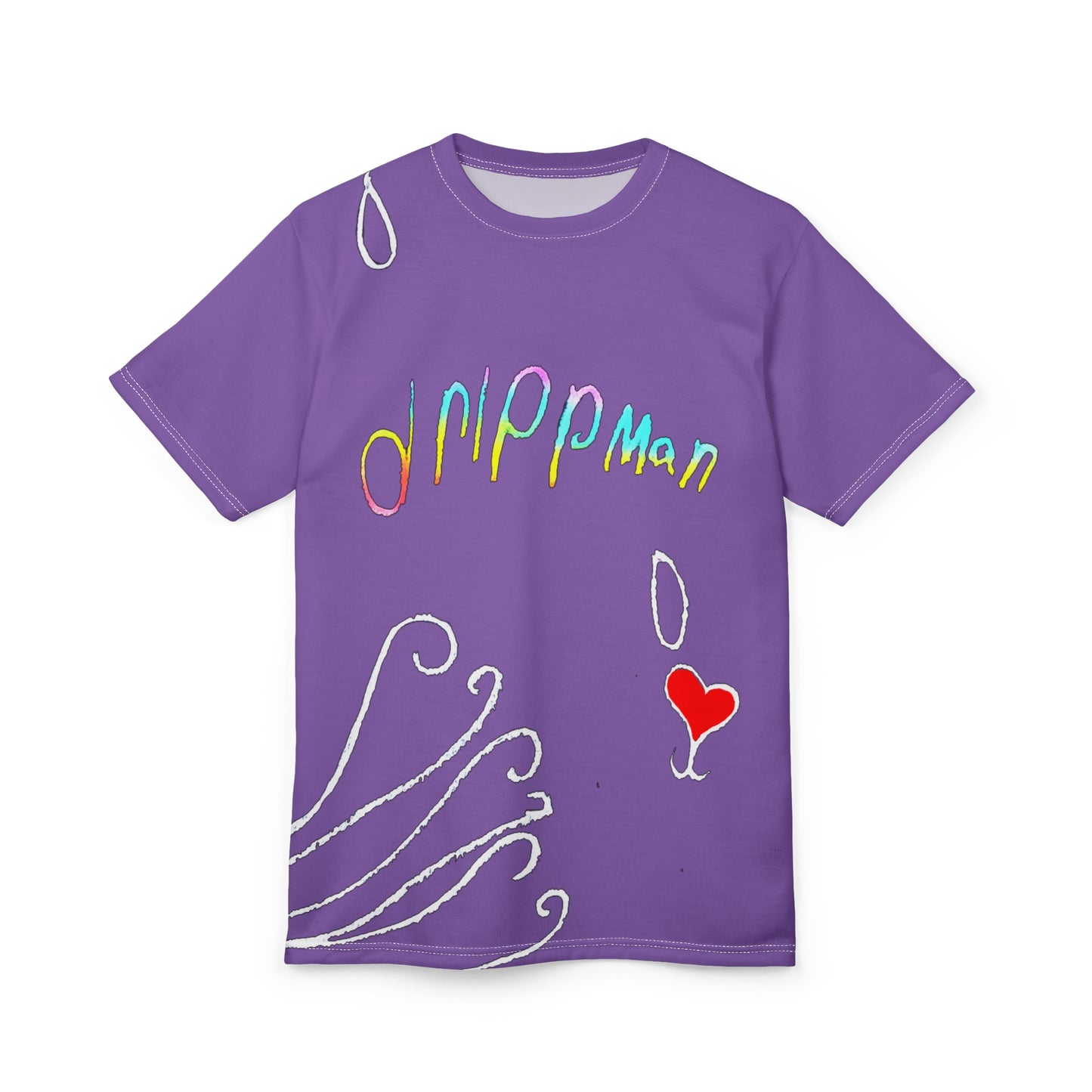 Kinsleigh All-Over Purple Tee with Rainbow "DrippMan" Script & Heart Accent