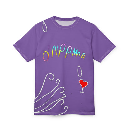 Kinsleigh All-Over Purple Tee with Rainbow "DrippMan" Script & Heart Accent