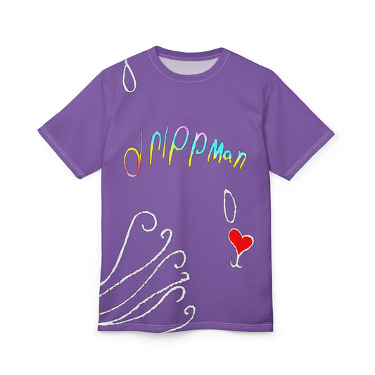 Kinsleigh All-Over Purple Tee with Rainbow "DrippMan" Script & Heart Accent