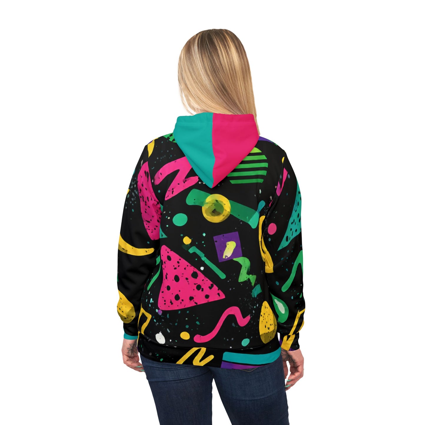 Retro 90s Pattern Athletic Hoodie — Colorful Geometric All-Over Print