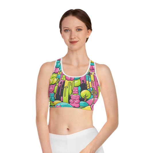 Gummy Bear Candyland Sports Bra — Colorful All-Over Print Activewear