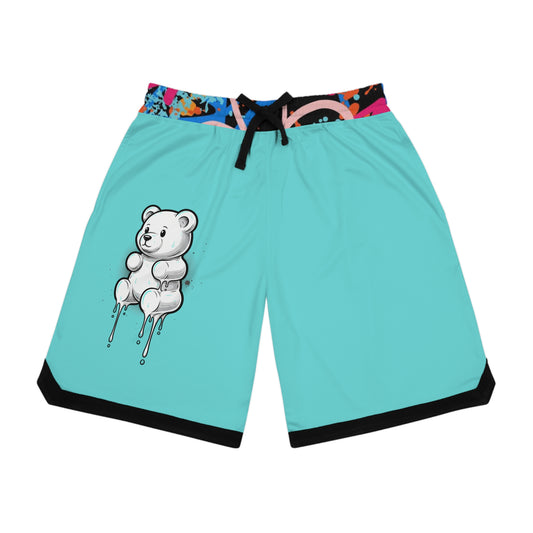 AOP Basketball Shorts — Teal Street Art Teddy Print