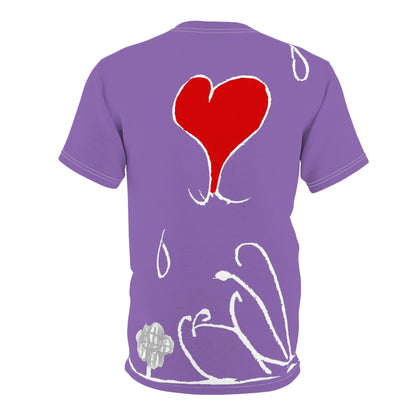 Kinsleigh All-Over Purple Tee with Rainbow "DrippMan" Script & Heart Accent