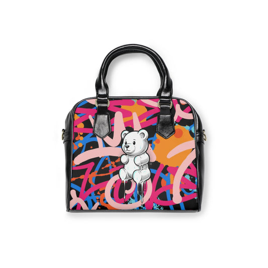 Graffiti Pop Shoulder Handbag — Pink Dripping Teddy & Urban Spray Art Purse
