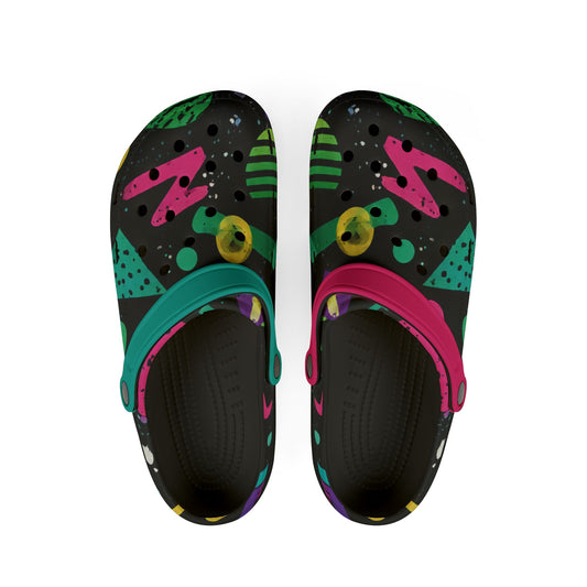 Retro Neon Pattern EVA Clog Shoes — Colorful 90s-Inspired Slip-On Comfort