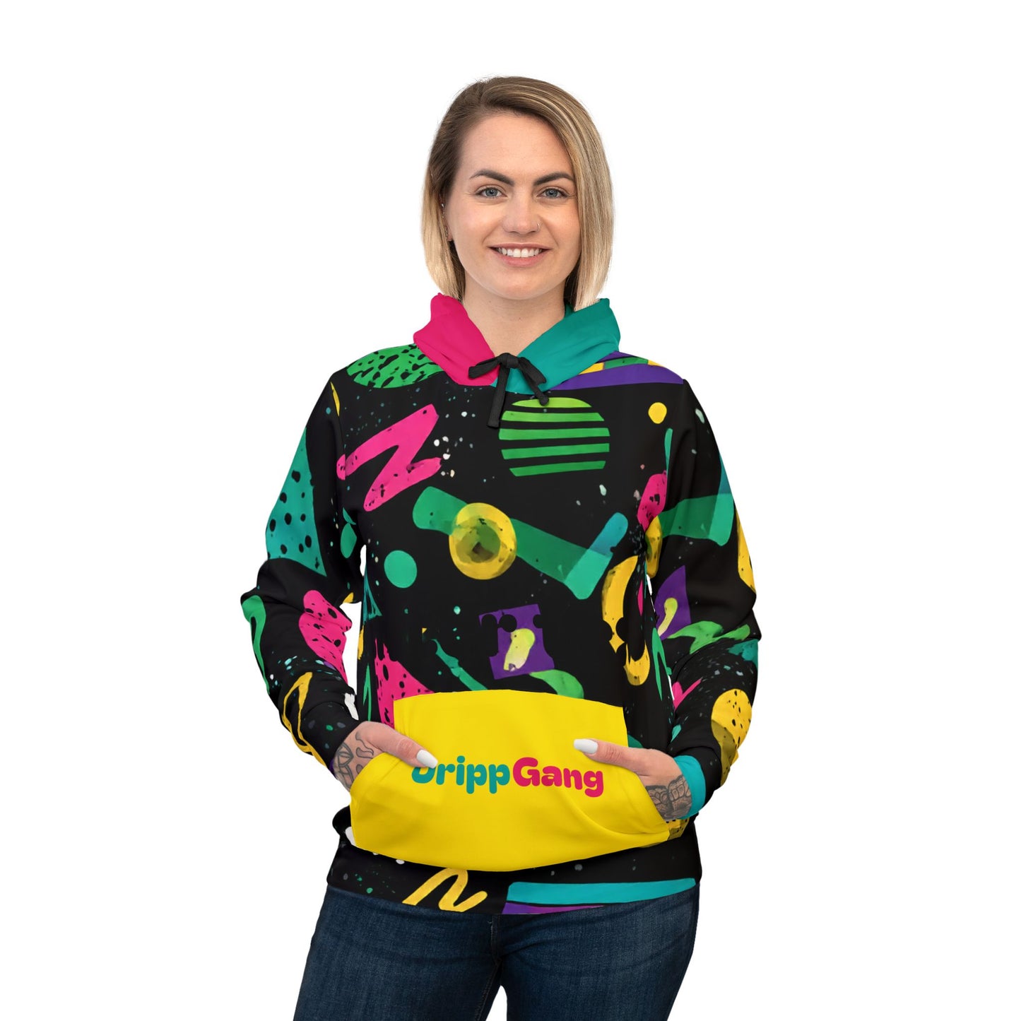 Retro 90s Pattern Athletic Hoodie — Colorful Geometric All-Over Print