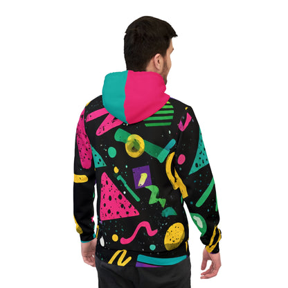 Retro 90s Pattern Athletic Hoodie — Colorful Geometric All-Over Print