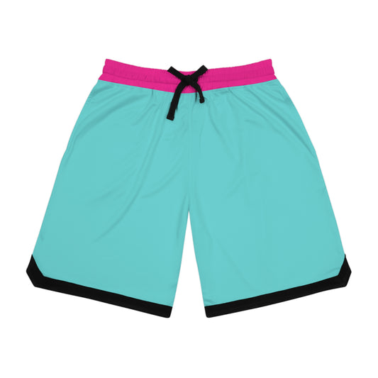 Basketball Shorts — Teal AOP with Pink Rib & Black Trim