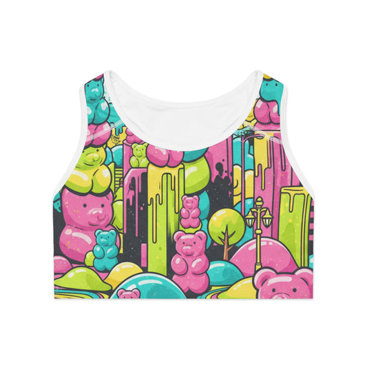 Gummy Bear Candyland Sports Bra — Colorful All-Over Print Activewear