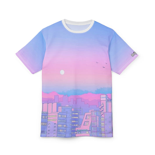 Pastel Cityscape Tee — Pink & Lavender Sunset All-Over Print