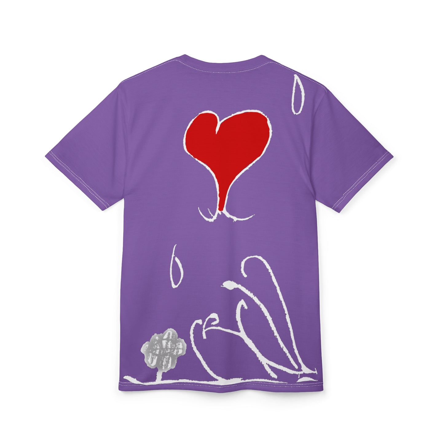 Kinsleigh All-Over Purple Tee with Rainbow "DrippMan" Script & Heart Accent