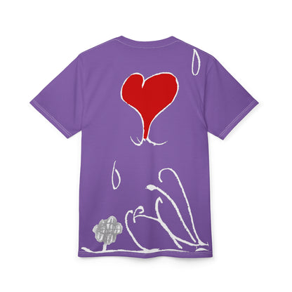 Kinsleigh All-Over Purple Tee with Rainbow "DrippMan" Script & Heart Accent