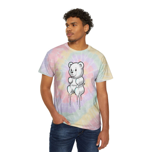 Pastel Tie-Dye Tee with Dripping Bear Graphic — Spiral Rainbow Hippie Shirt