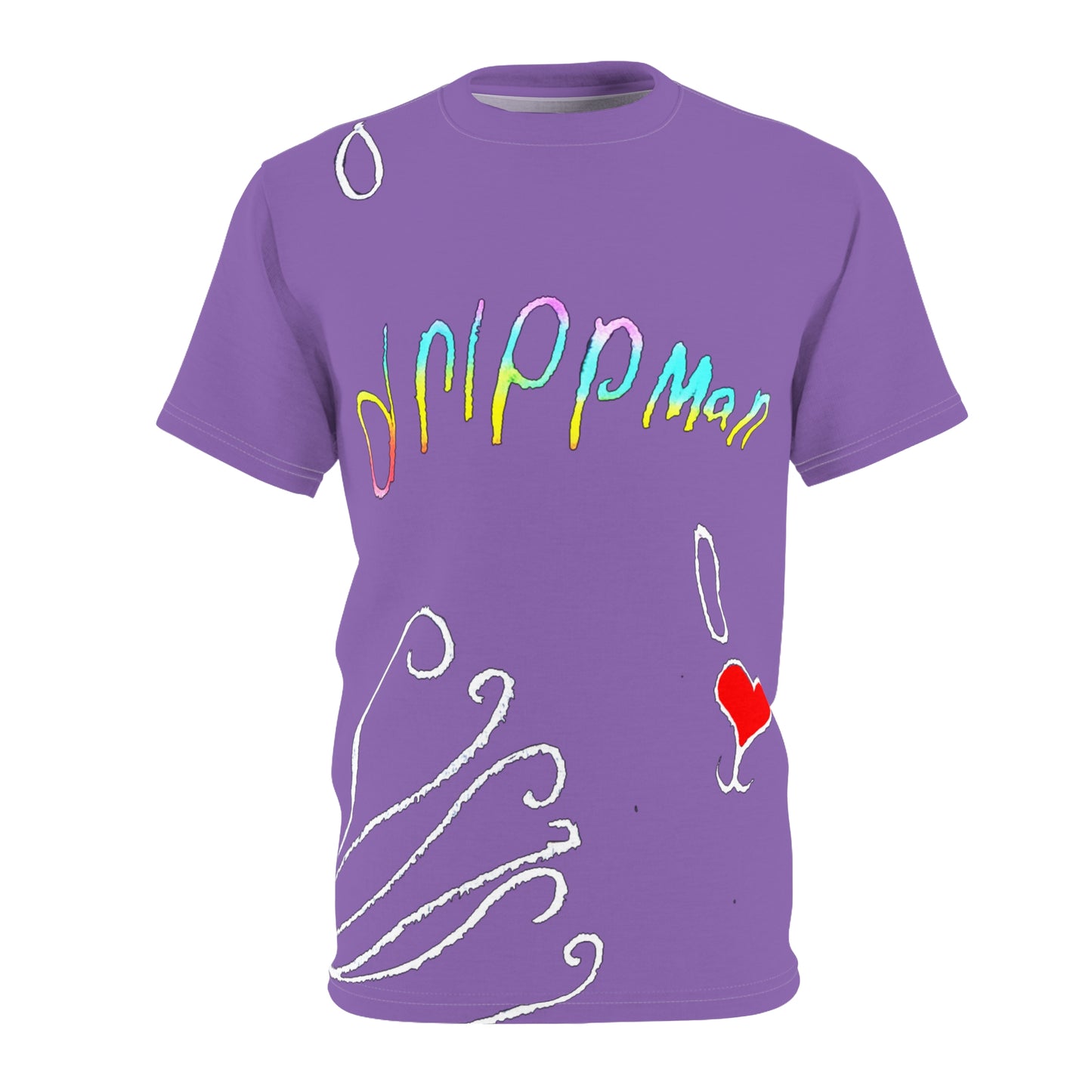 Kinsleigh All-Over Purple Tee with Rainbow "DrippMan" Script & Heart Accent