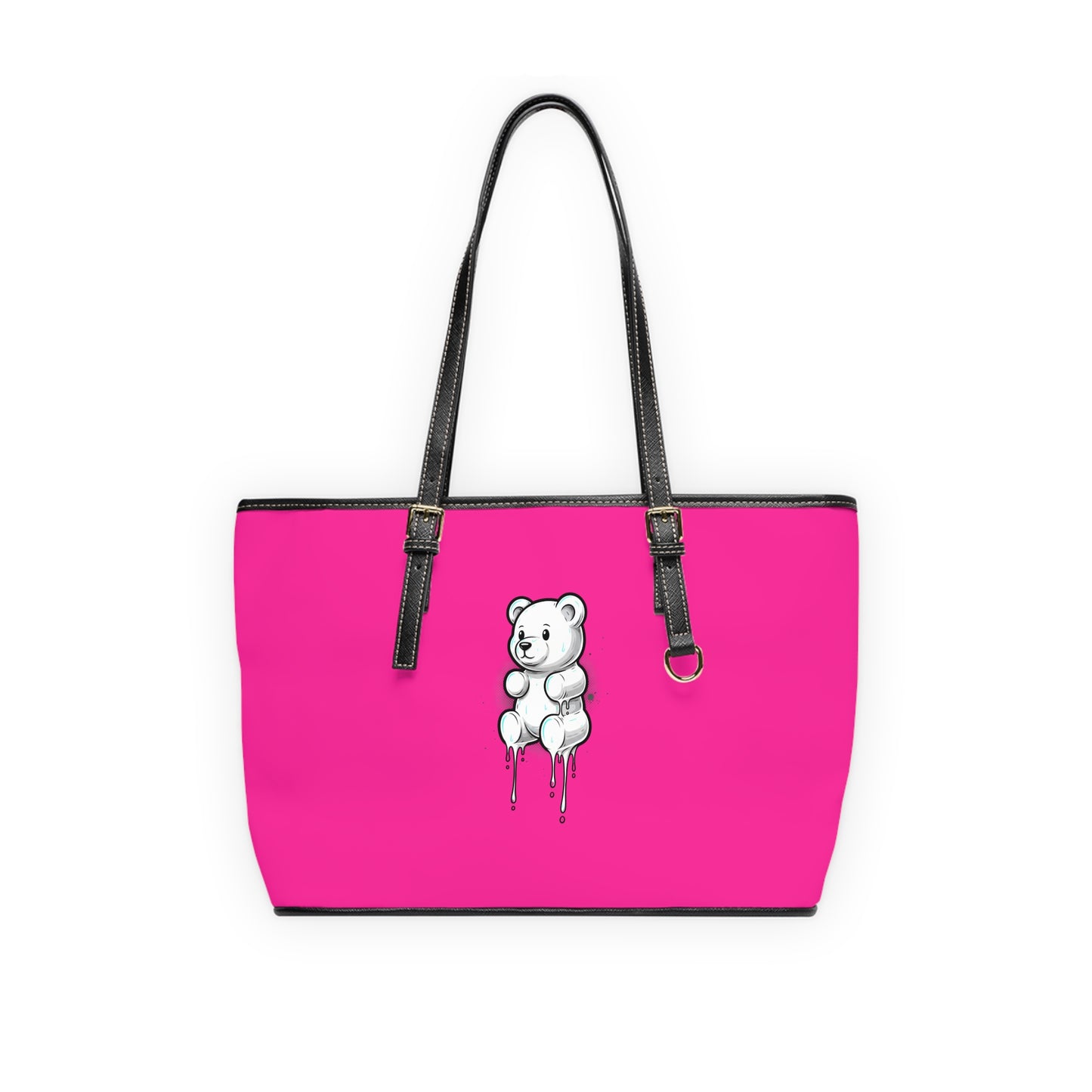Pink PU Tote Bag with Melting Teddy Bear Graphic — Cute Streetwear Shoulder Bag