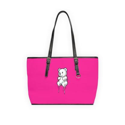 Pink PU Tote Bag with Melting Teddy Bear Graphic — Cute Streetwear Shoulder Bag