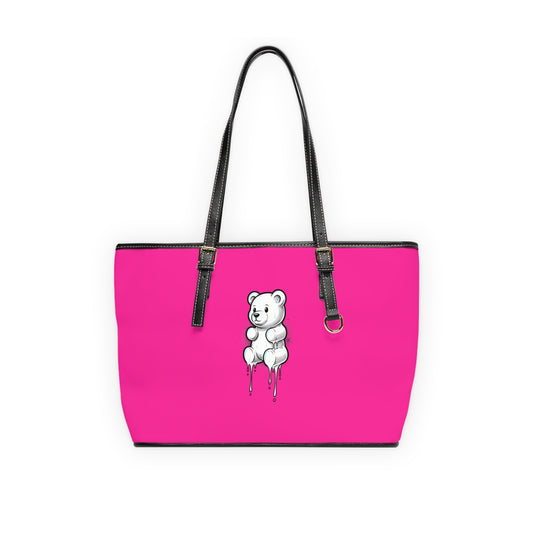 Pink PU Tote Bag with Melting Teddy Bear Graphic — Cute Streetwear Shoulder Bag
