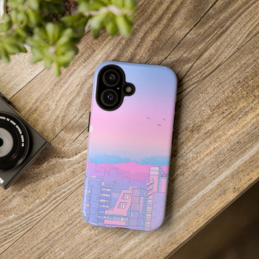 Pastel City Skyline Tough Phone Case — Pink Blue Vaporwave iPhone Cover