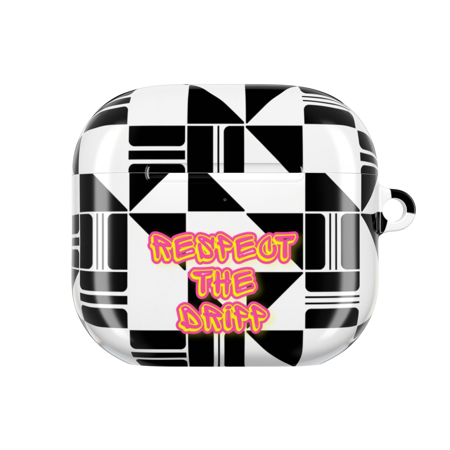 AirPod Case — Black & White Geometric Pattern with "Respect The Dripp" Neon Text
