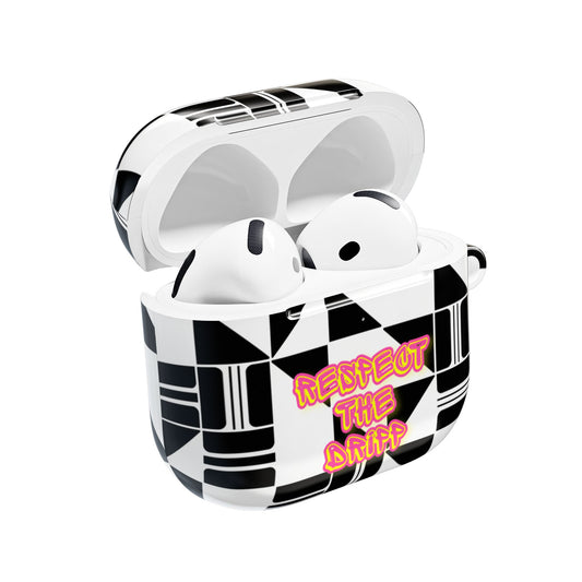 AirPod Case — Black & White Geometric Pattern with "Respect The Dripp" Neon Text