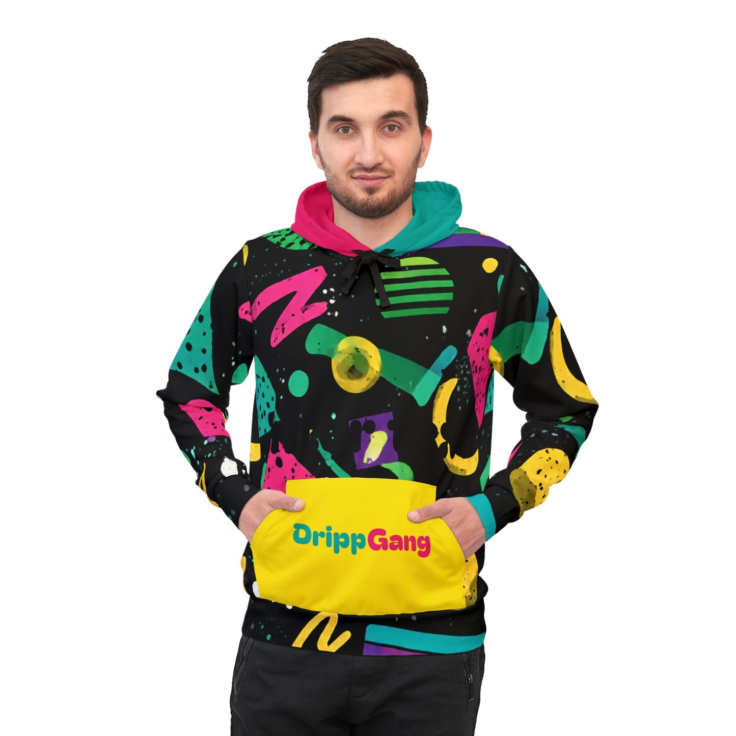 Retro 90s Pattern Athletic Hoodie — Colorful Geometric All-Over Print
